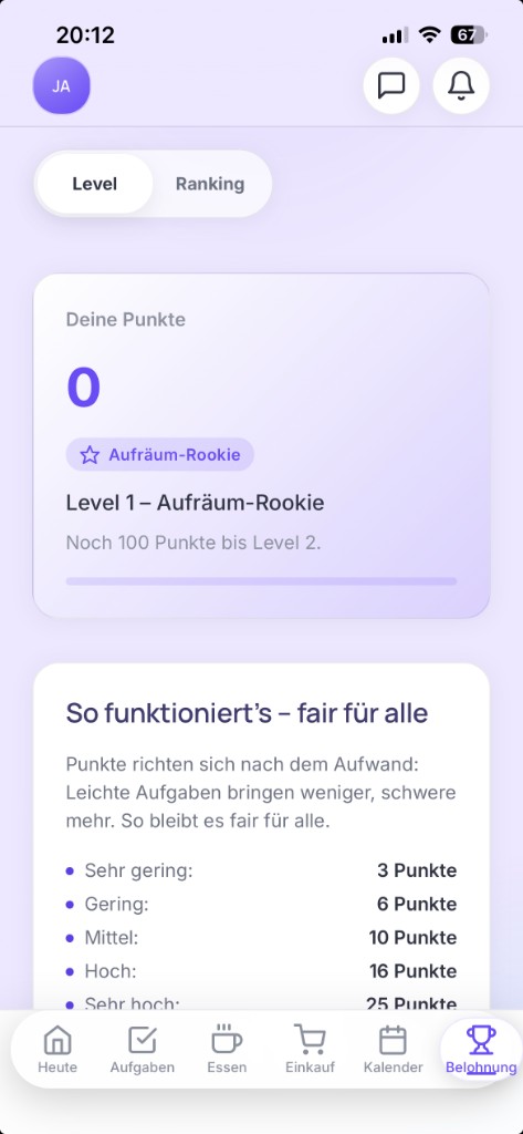 Soruna App: Punkte und Level